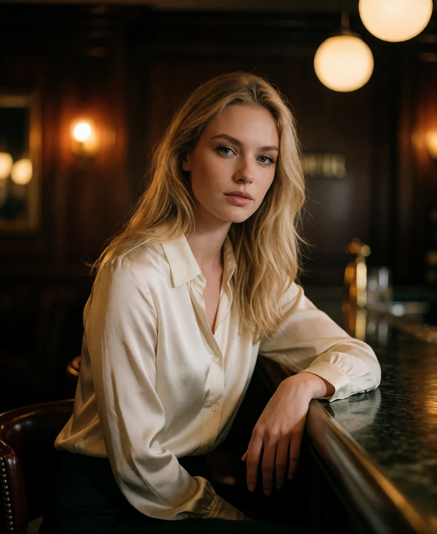Blonde woman in an ivory silk blouse seated at a dark bar counter in a downtown New York cocktail lounge