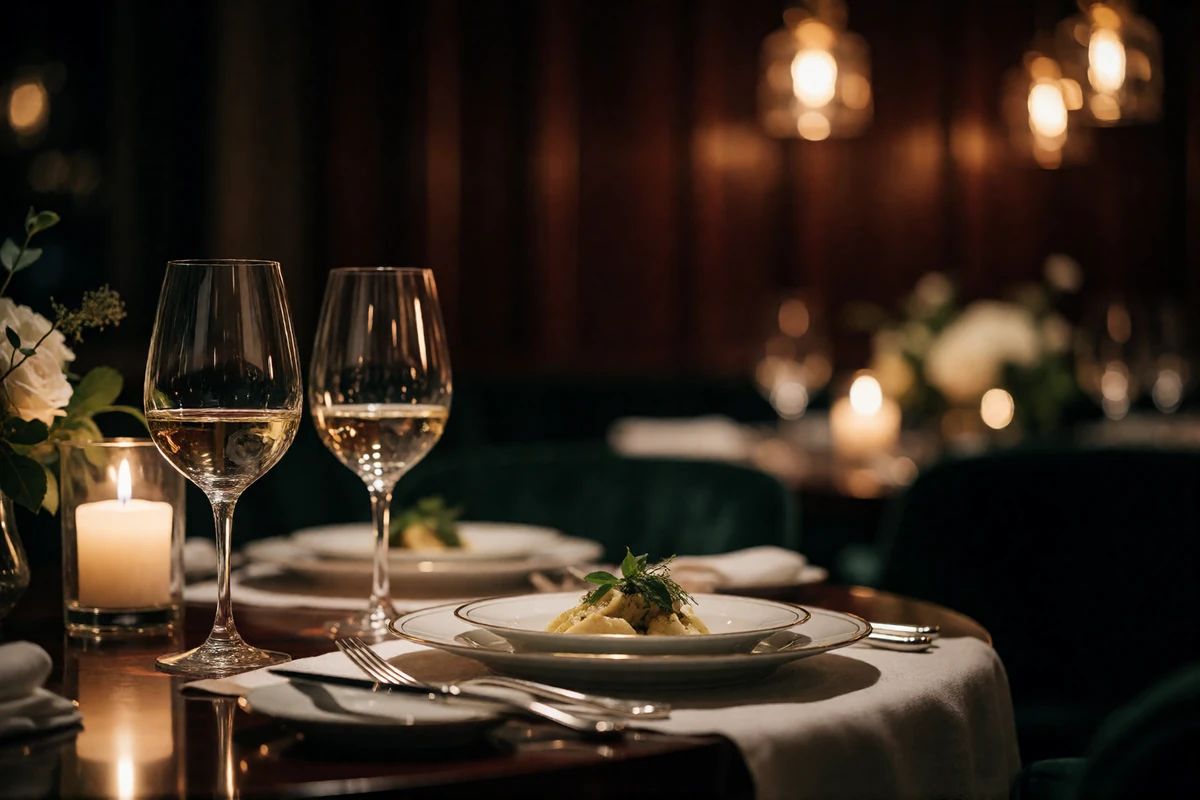 Intimate candlelit fine dining table for two set with crystal glasses and a plated course in an upscale Nashville restaurant
