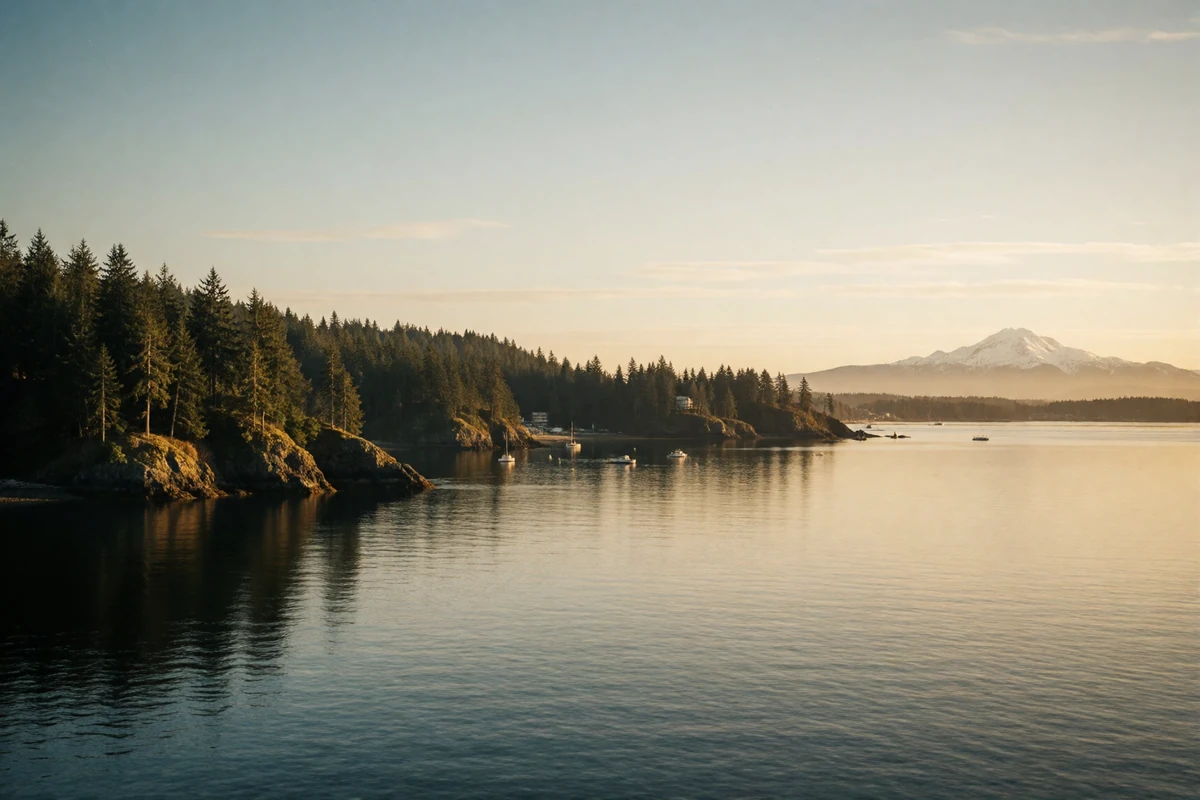 Calm Puget Sound at golden hour with dark evergreen headlands and a hazy snow-capped mountain on the horizon