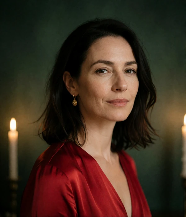 Confident woman in a deep red silk dress with a closed-lip smile, an illustrative member portrait