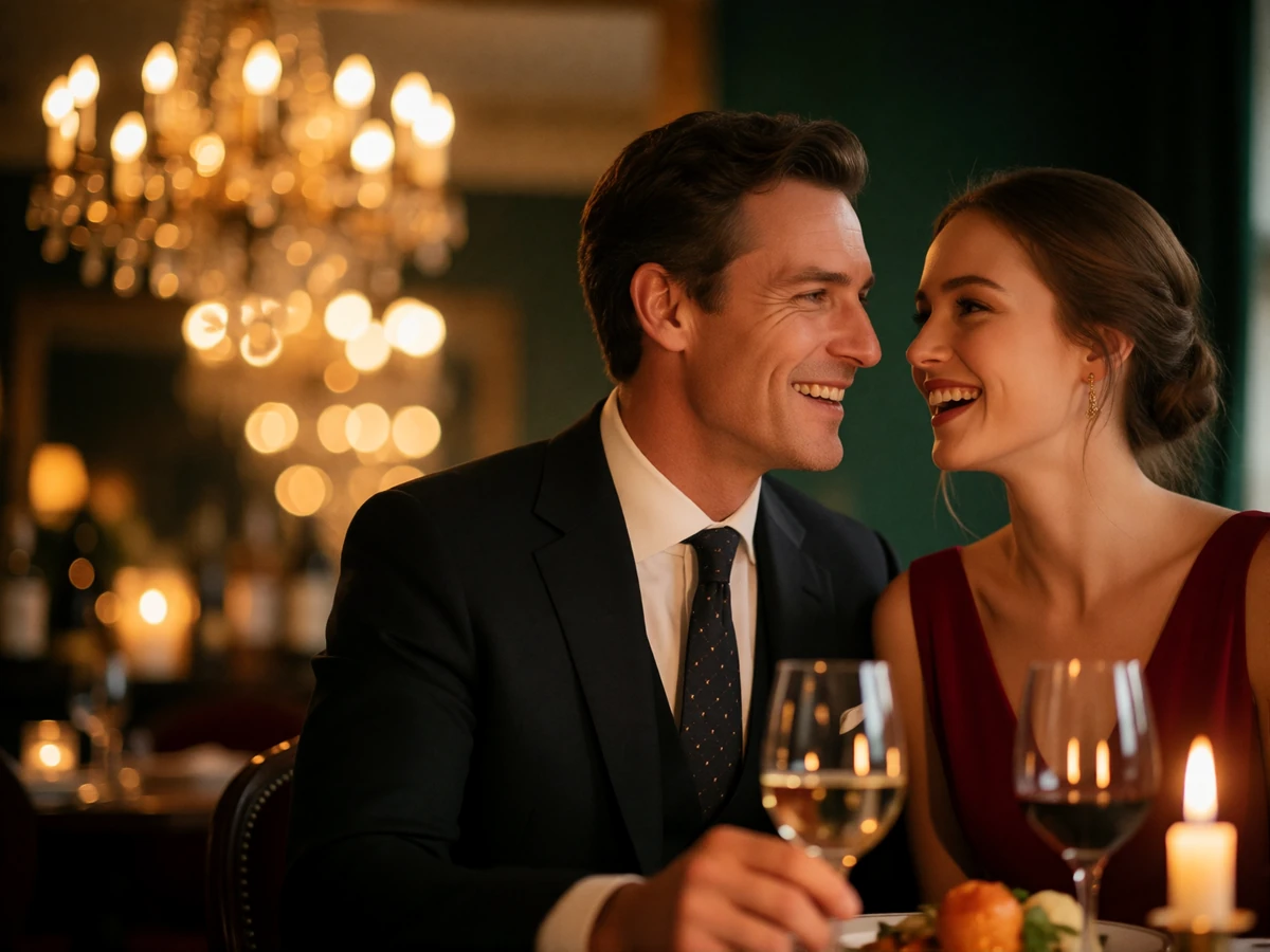 Elegant couple sharing a warm laugh over a candlelit dinner at an upscale Orlando restaurant