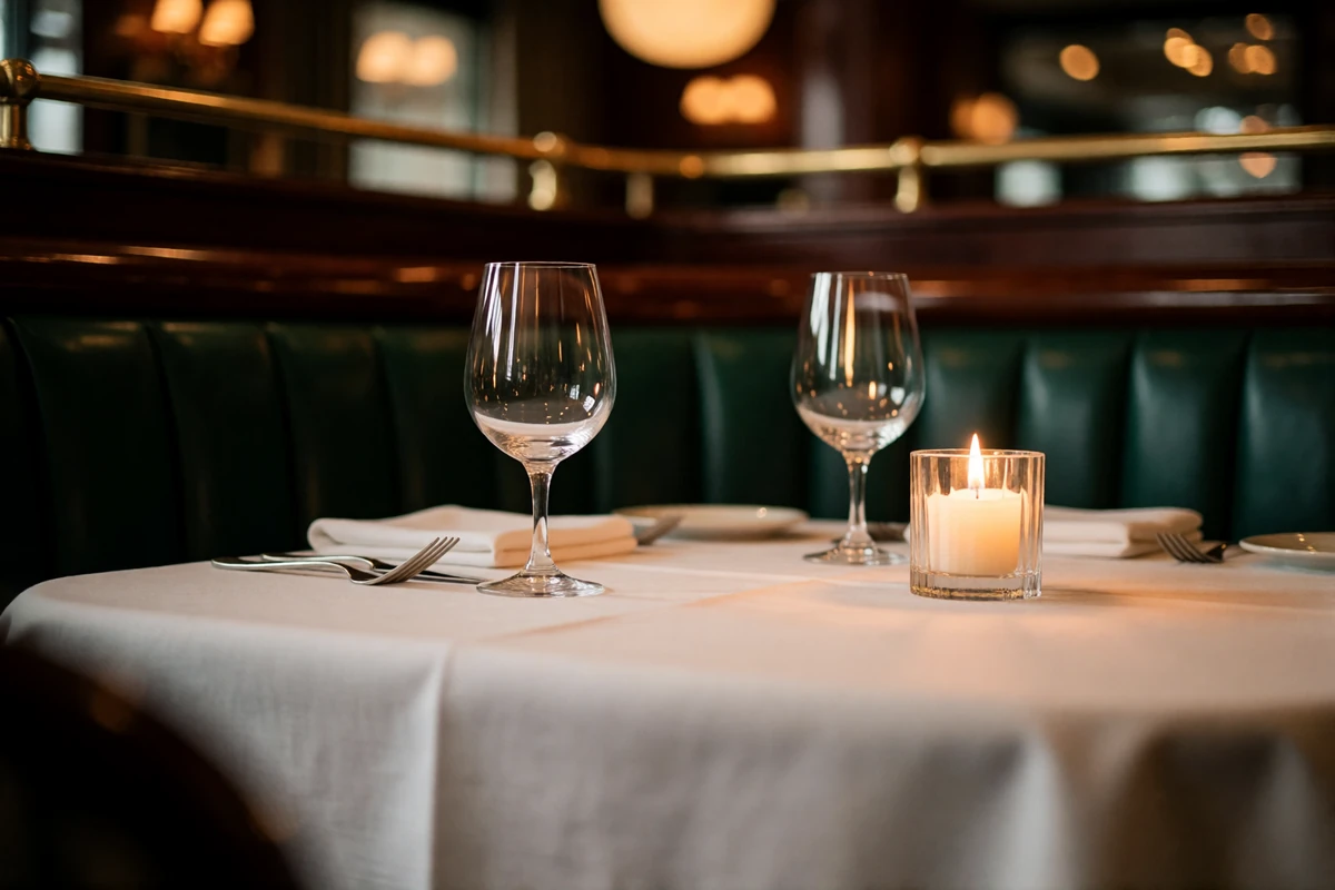 Elegant Boston restaurant table set for two with crystal wine glasses and candlelight in a dark upscale dining room