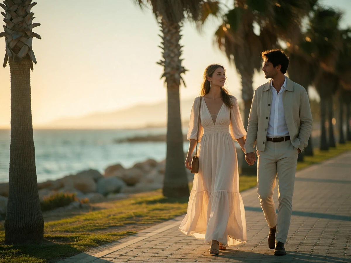 Well-dressed couple walking along a San Diego coastal promenade at golden hour