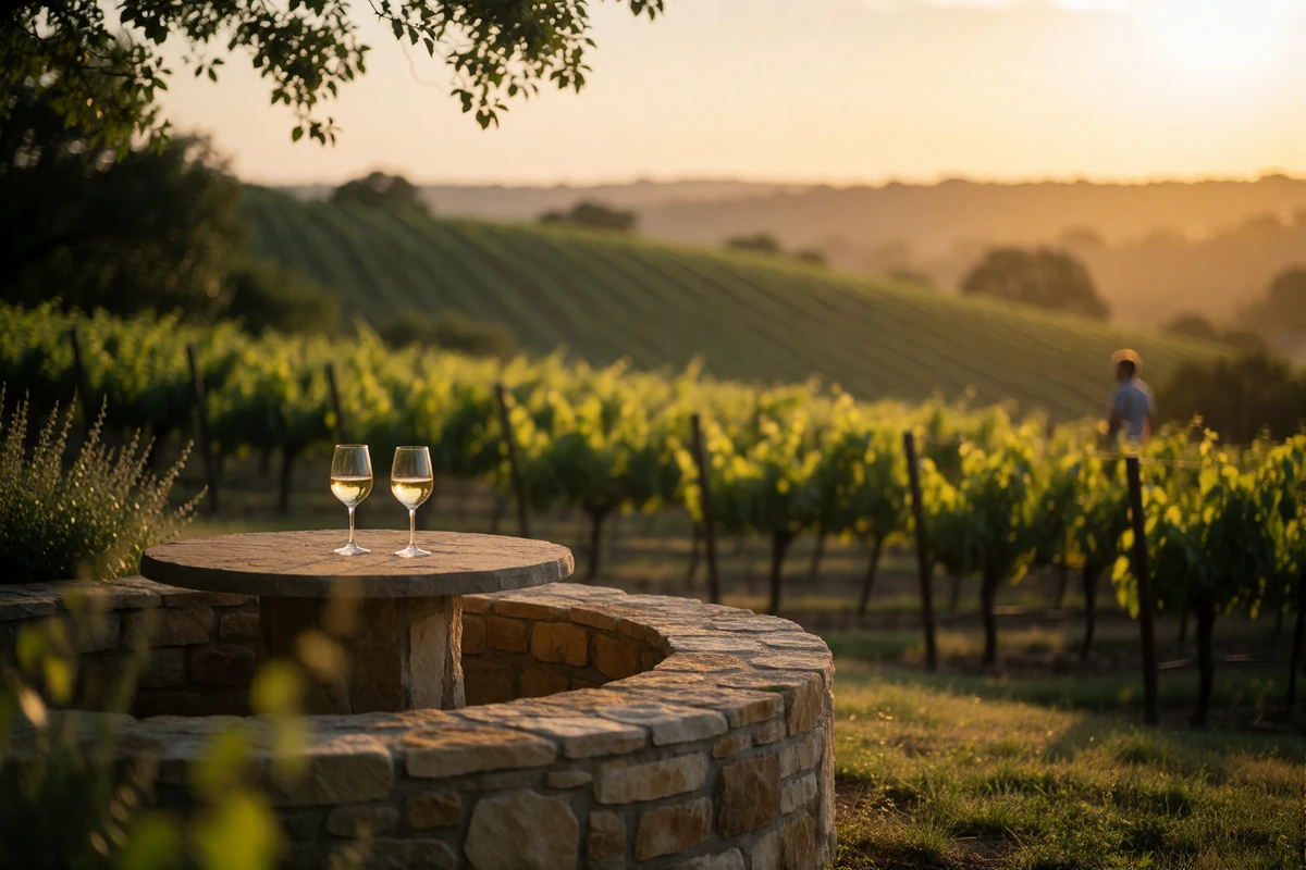 Hill Country vineyard terrace near San Antonio at golden hour with a stone table and two glasses of wine