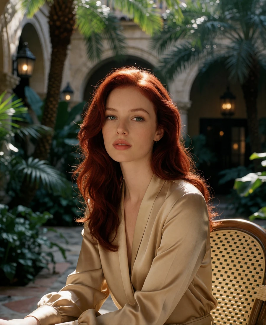 Woman in a champagne blouse in a palm courtyard for a sugar baby San Diego profile example