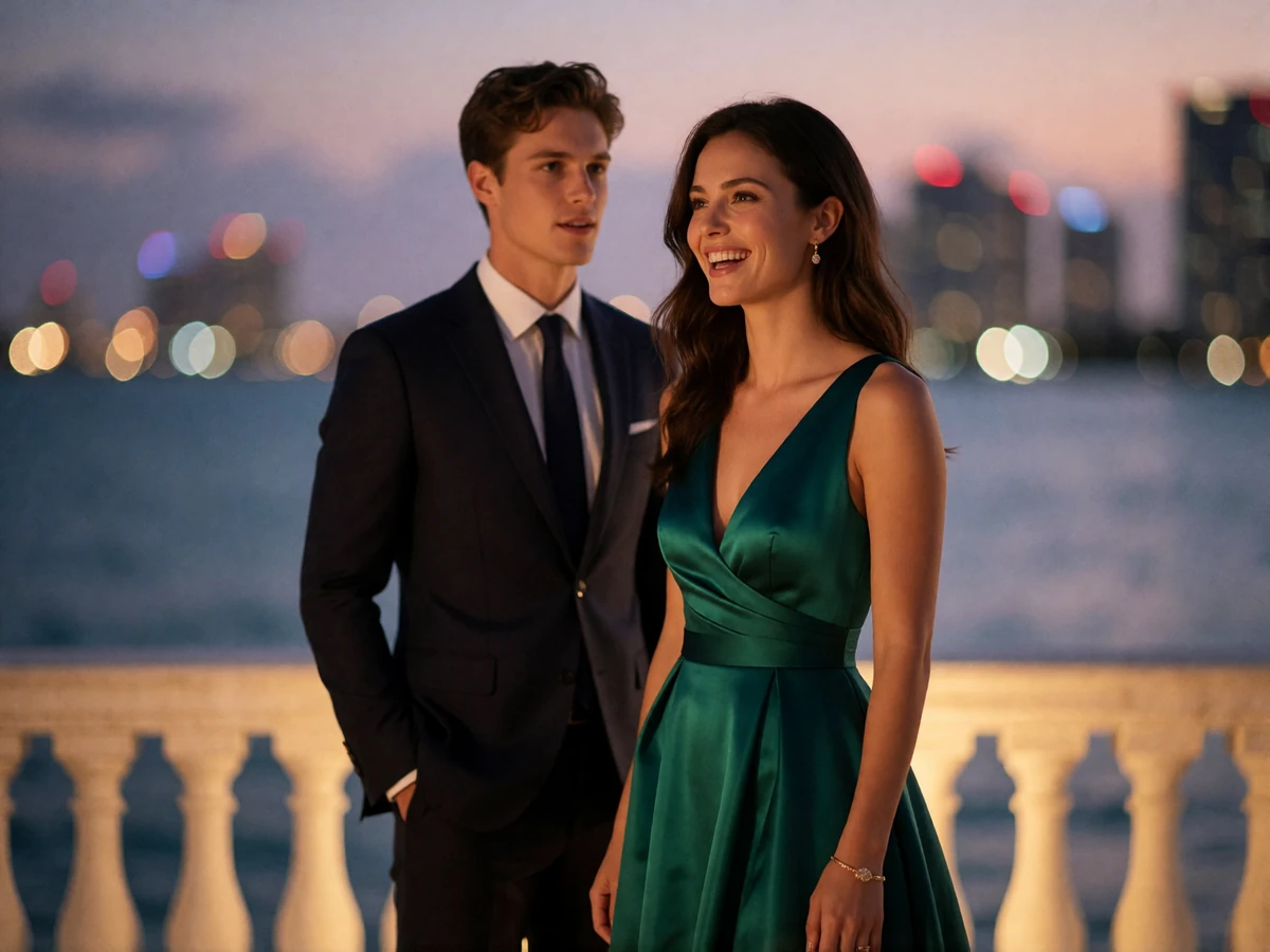 Elegant couple standing together on an open terrace overlooking Biscayne Bay at dusk
