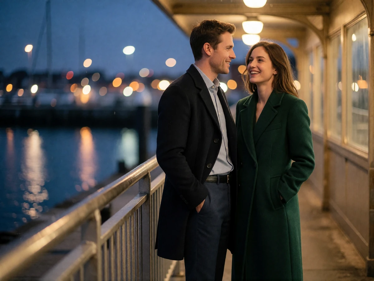 Well-dressed couple standing together at a sheltered Seattle waterfront railing in the evening