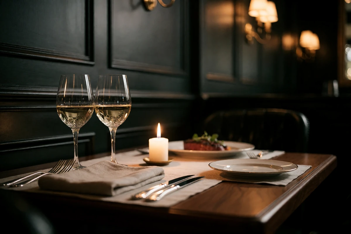 Elegant corner table set with crystal glasses and silverware in a dark-panelled Denver steakhouse