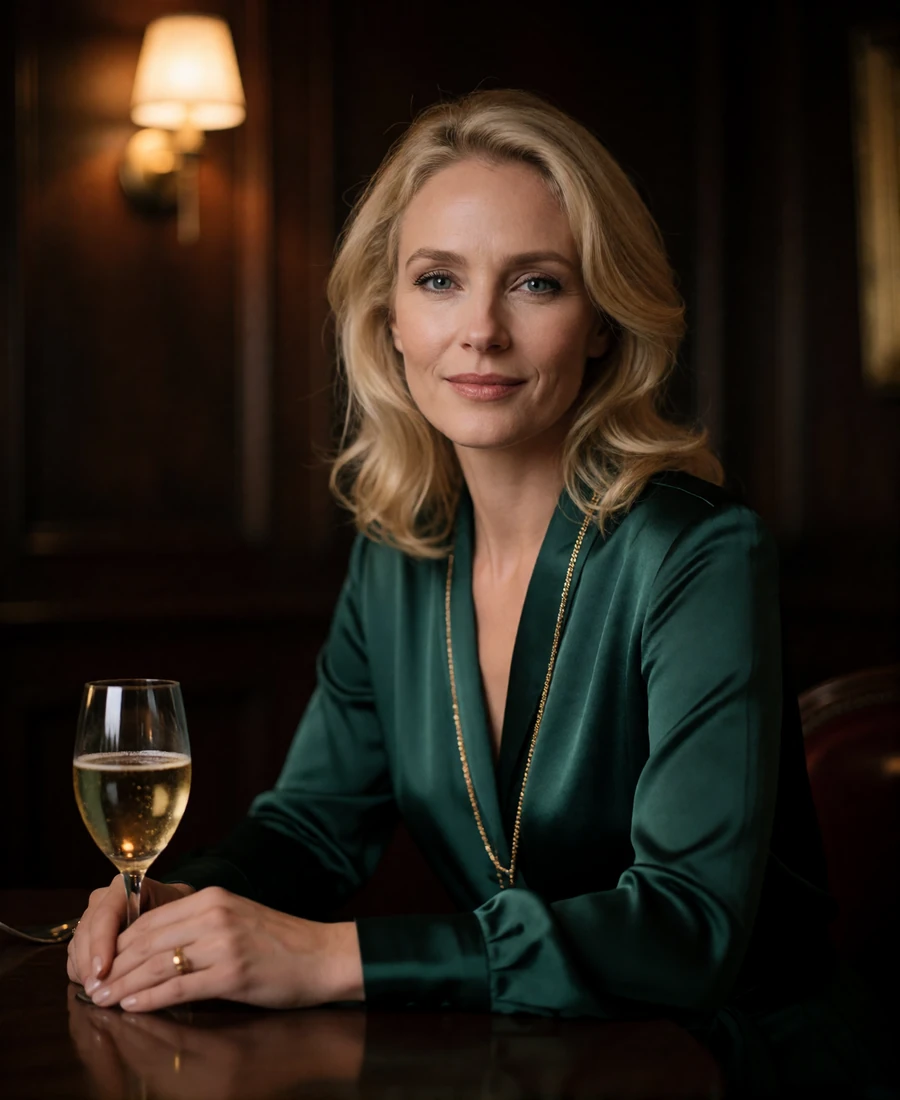 Woman in an emerald silk blouse seated at a private dining table in a dark-panelled Houston restaurant