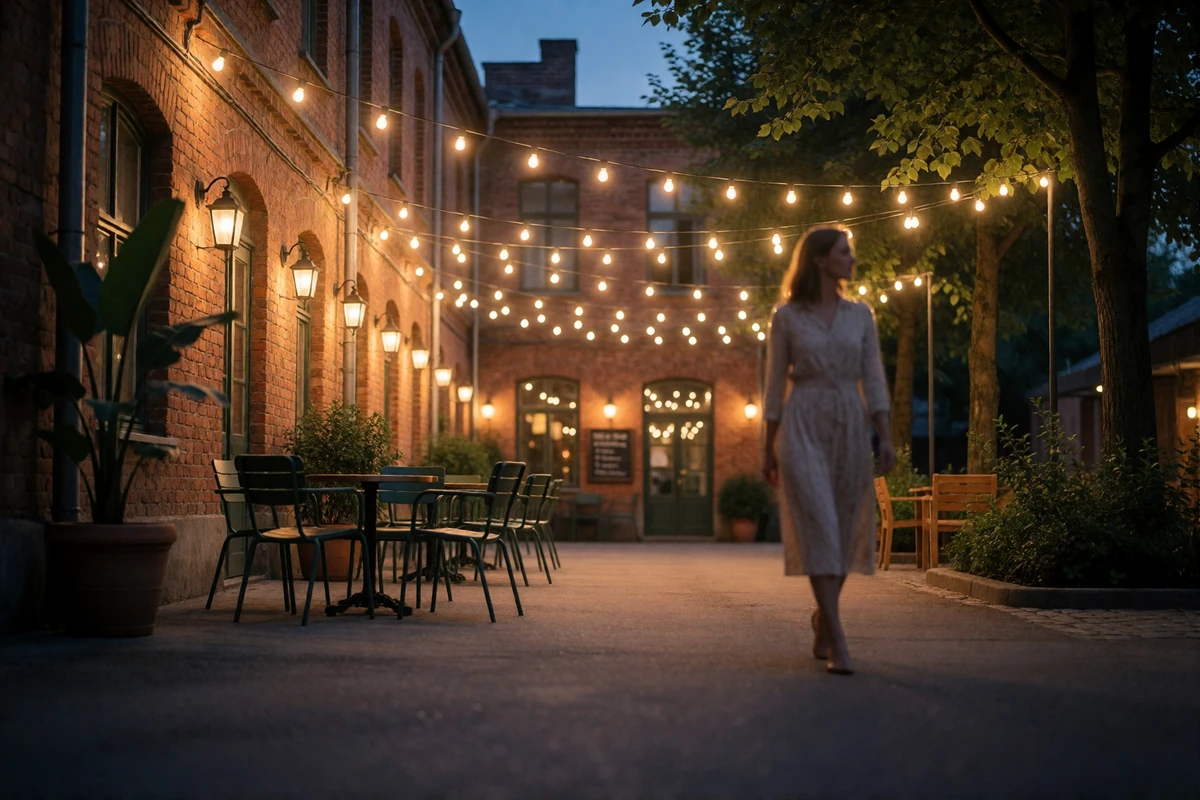 Restored brick courtyard in the Pearl District of San Antonio with string lights and café seating at dusk
