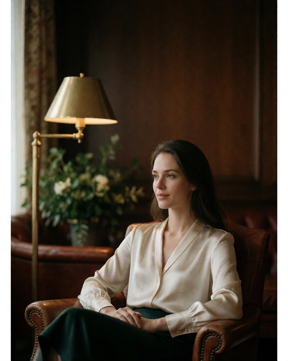 Poised woman in ivory silk blouse seated in a leather club chair in a quiet upscale hotel lounge