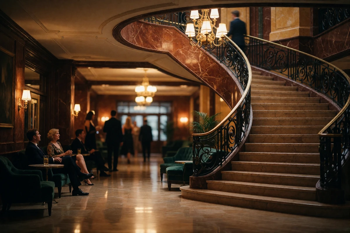 Elegant performing-arts lobby lounge in the evening with a sweeping staircase and warm chandelier light