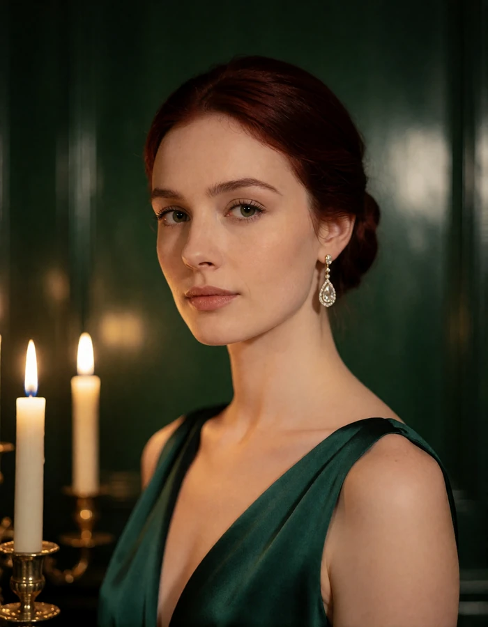 Woman in a deep emerald silk evening gown with an elegant chignon, an illustrative verified profile on our sugar daddy dating site