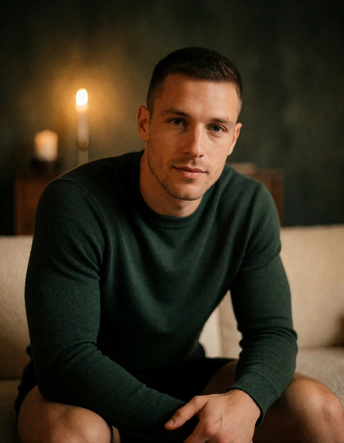 Athletic man in a fitted dark green top seated in a warm-lit lounge, an illustrative member profile