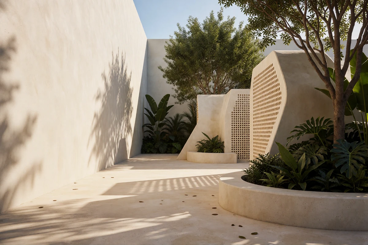 Sunlit contemporary courtyard in the Miami Design District with sculptural concrete forms and tropical planting
