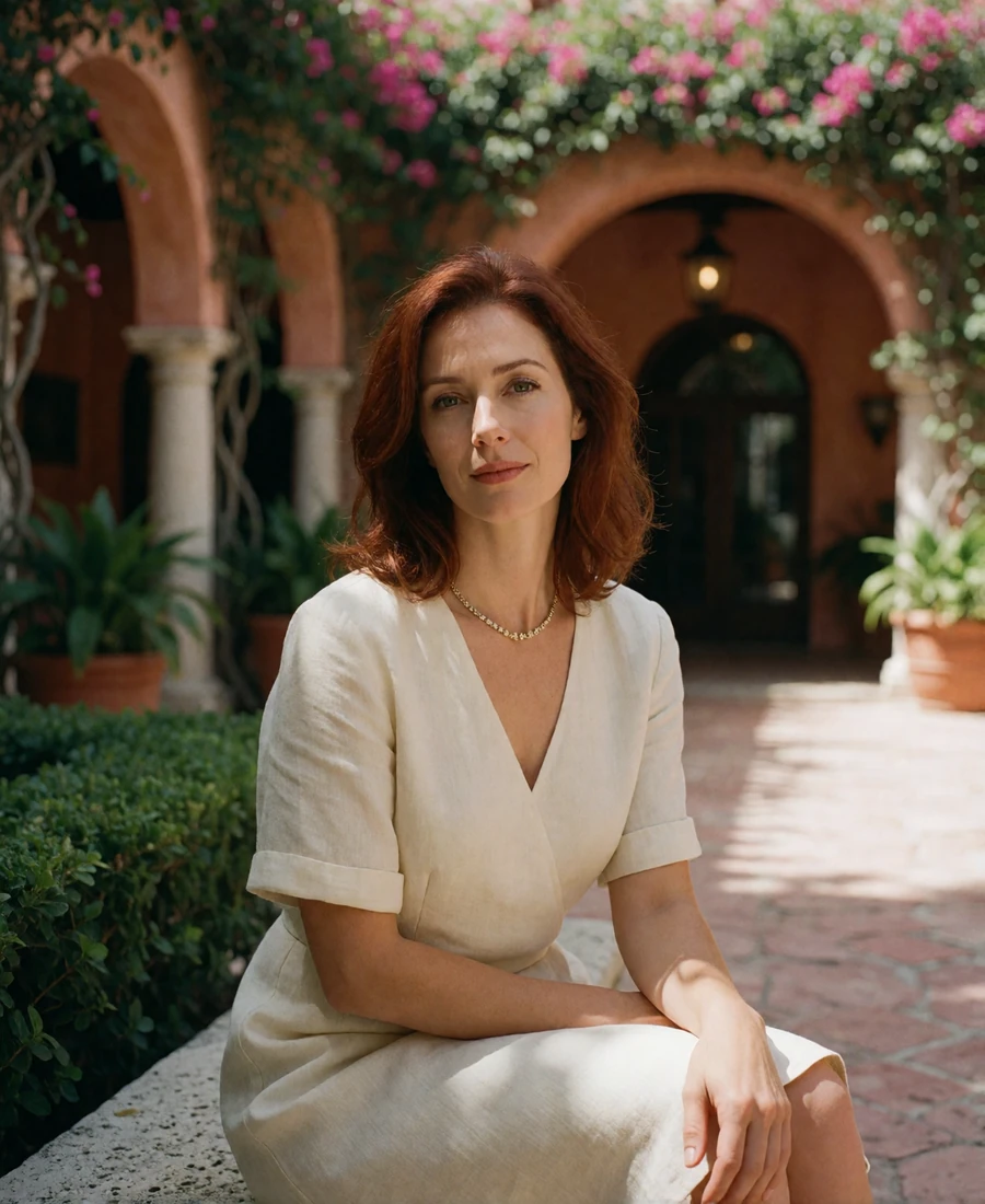 Woman in her late thirties in an ivory linen dress seated on a stone bench in a Coral Gables courtyard