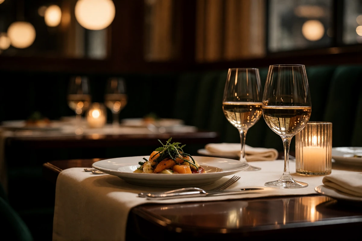 Intimate fine dining table set with crystal glasses and a plated dish in a dim upscale Chicago restaurant