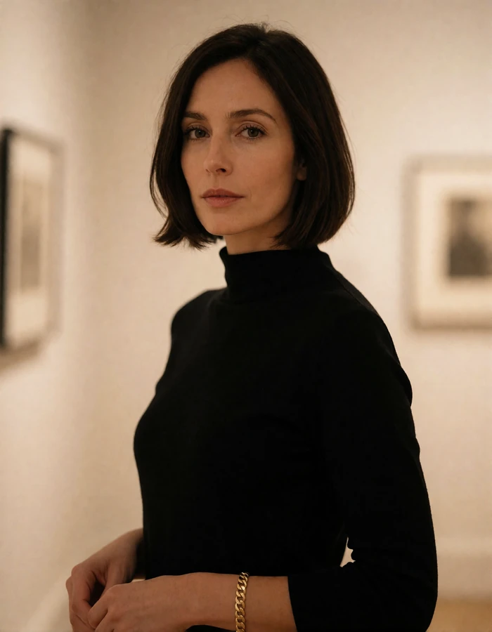 Poised woman with a sharp dark bob in a black high-neck top in a quiet gallery corridor, an illustrative member profile
