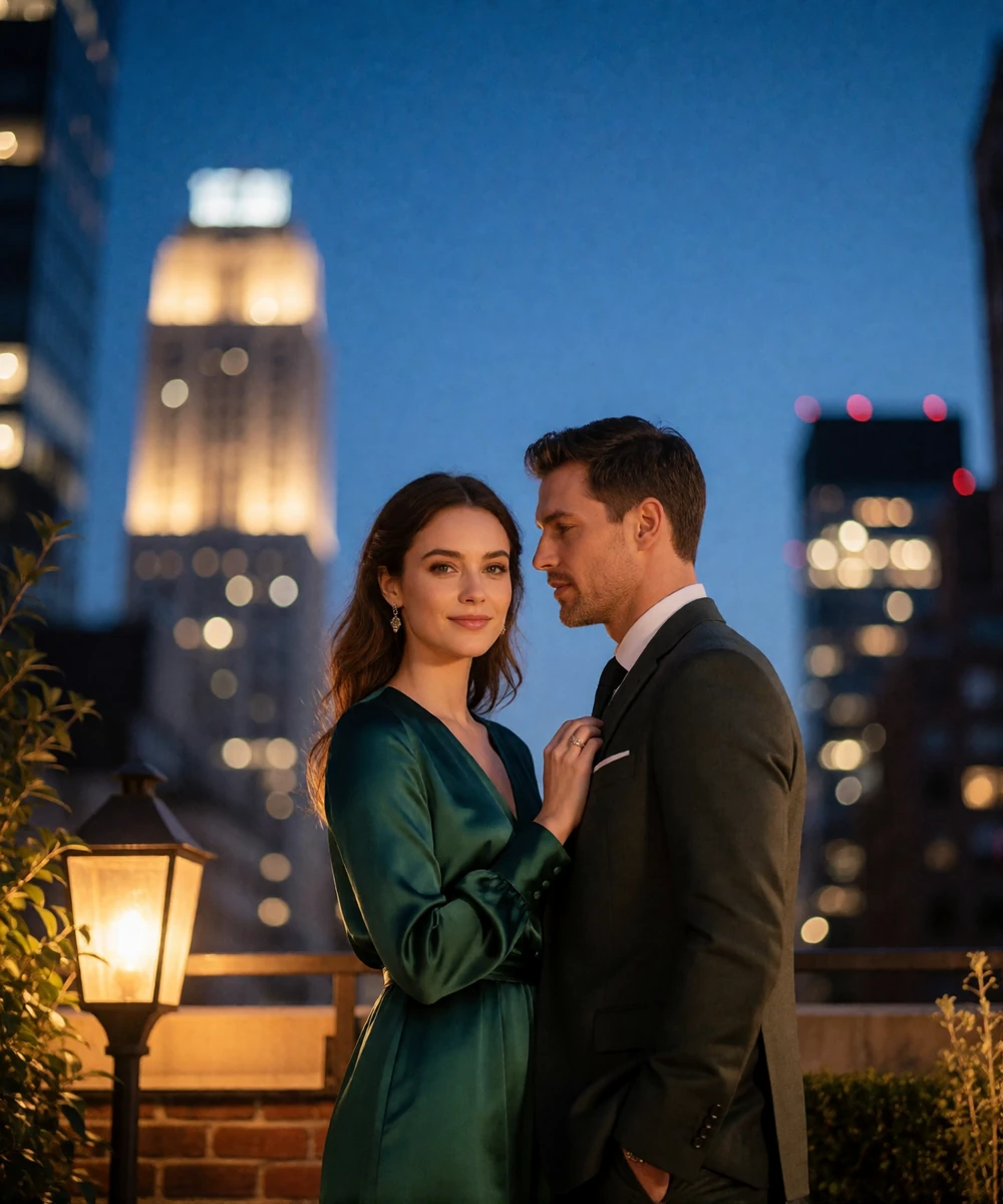 Elegantly dressed couple standing together on a Manhattan rooftop terrace at blue hour