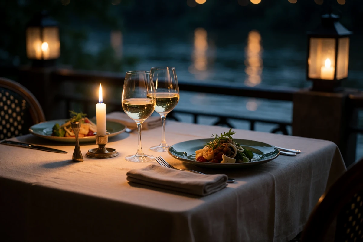 Candlelit riverside dining table for two along the San Antonio River Walk with wine glasses and lantern reflections