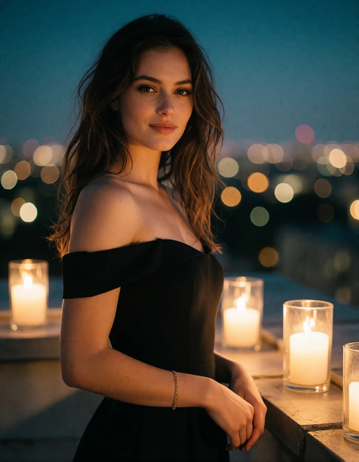 Brunette woman in a black off-shoulder dress on a rooftop terrace at dusk, an illustrative member profile