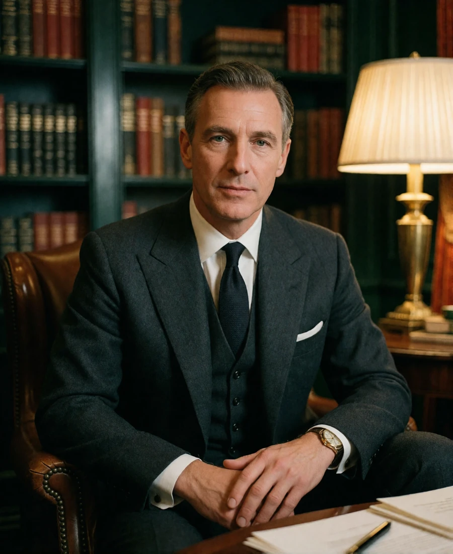 Distinguished man in a tailored charcoal suit seated in a leather club chair in a dark panelled private lounge