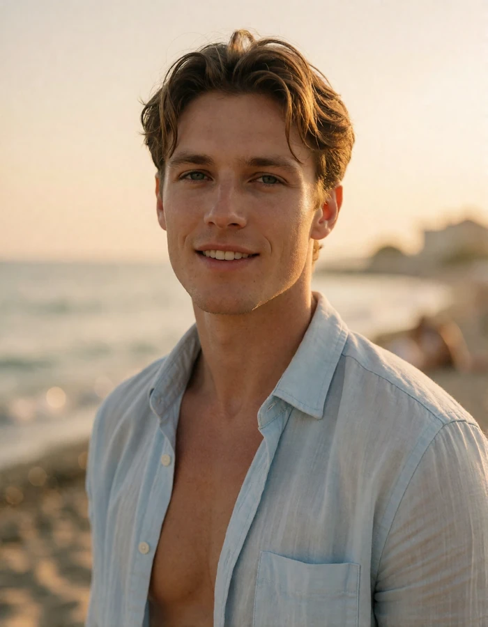 Relaxed man in an unbuttoned pale blue shirt in warm coastal evening light, an illustrative member profile
