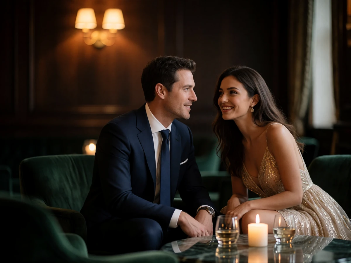 Well-dressed couple sharing a warm conversation in a dark-panelled Houston hotel lounge
