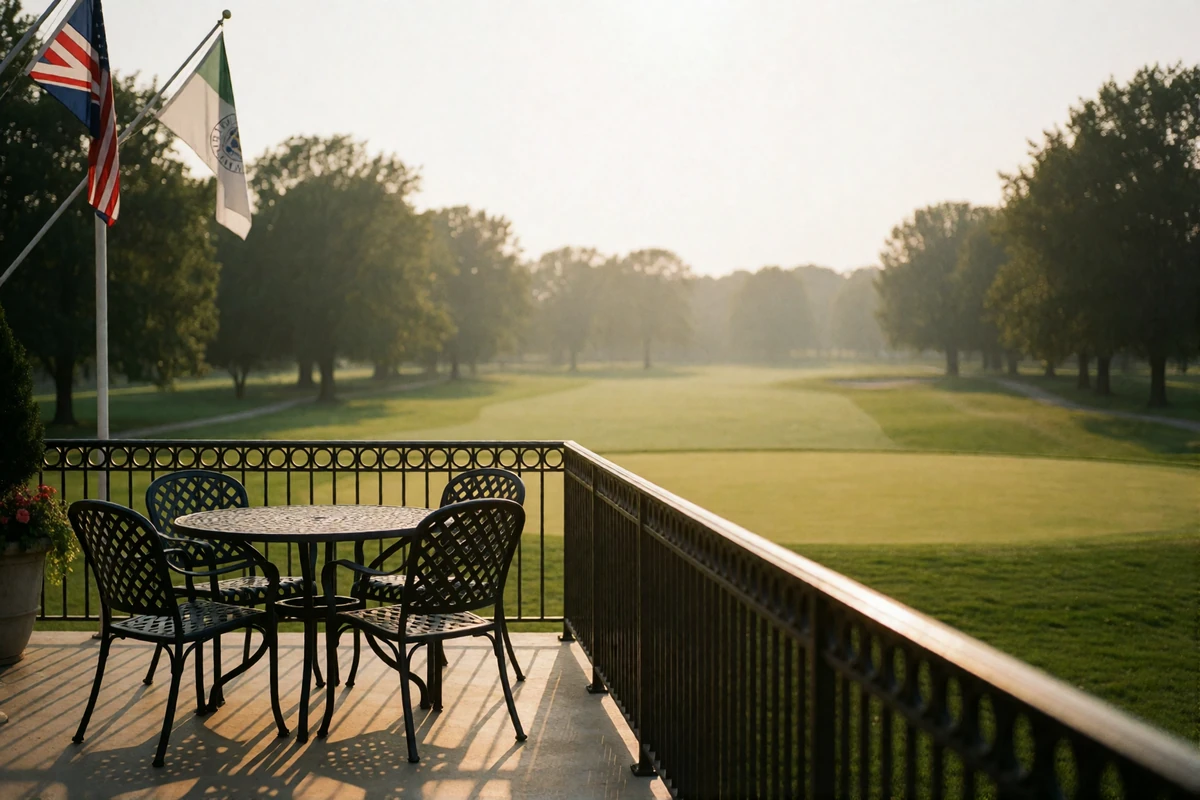 Private golf club terrace at late afternoon with manicured fairway and wrought-iron furniture in warm light