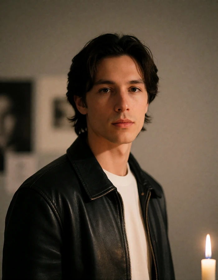 Man in a black leather jacket with a calm neutral expression, an illustrative member profile