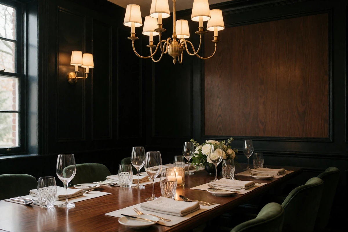 Intimate private dining room in an upscale Houston restaurant with a polished table set for two