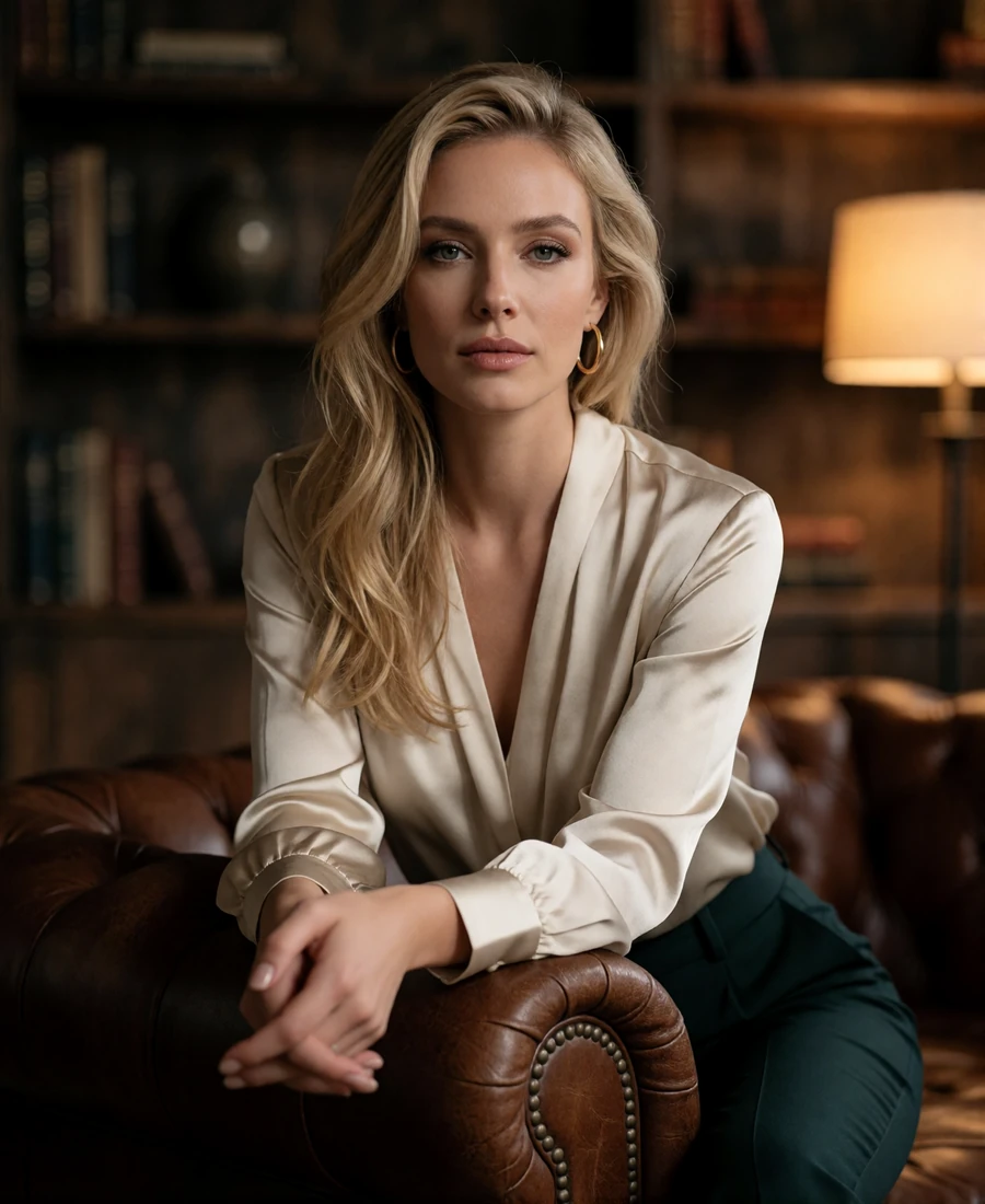 Blonde woman seated in a warm timber-lined loft study in Seattle