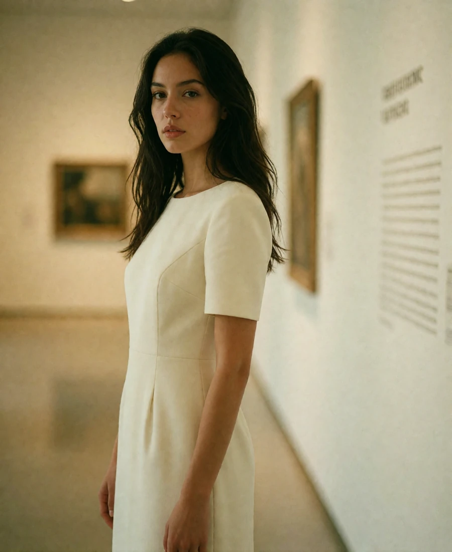 Young woman in an ivory dress standing in a light-filled gallery corridor in the Houston Museum District