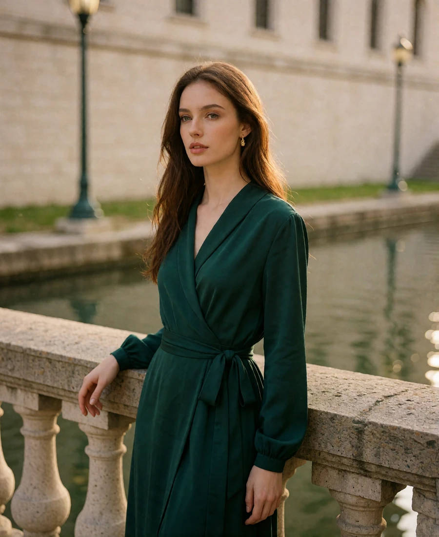Elegant woman in an emerald wrap dress standing beside a stone rail on the Indianapolis canal walk