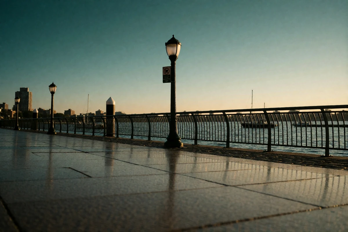 Quiet granite harbor promenade in Boston at dusk with iron lampposts and calm water reflecting warm light