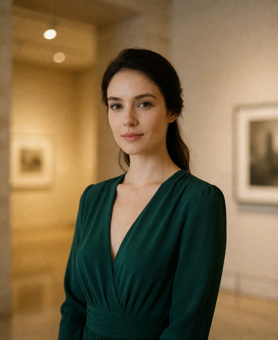 Elegant woman in a deep emerald evening dress standing in an upscale Manhattan gallery interior