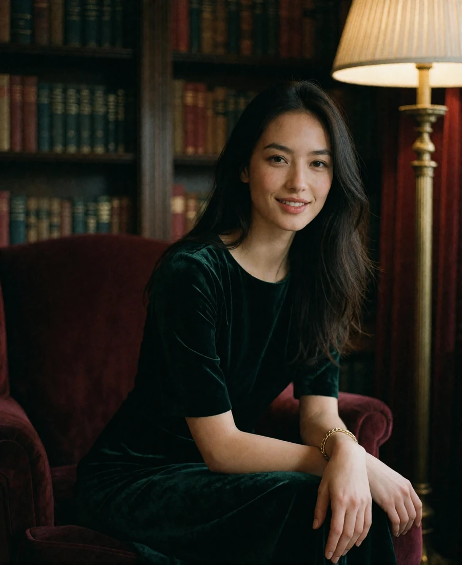 Woman with dark hair seated in a velvet armchair inside a private Chicago members lounge