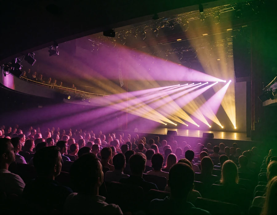 Beams of magenta and gold stage light fanning over a darkened theatre auditorium during a Las Vegas residency show