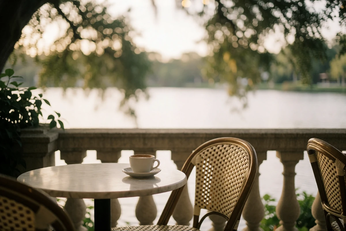 Quiet lakeside café terrace in Central Florida with empty rattan chairs and a stone balustrade