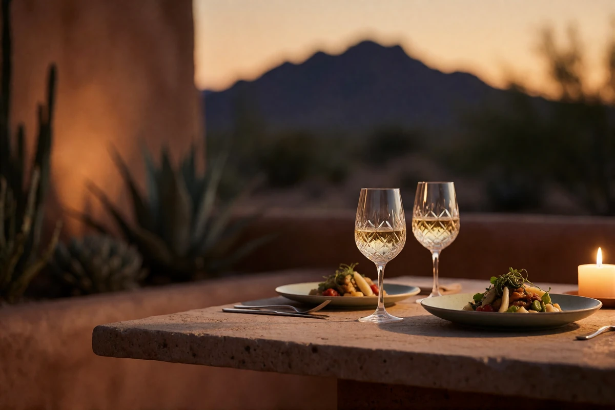 Desert resort dining terrace at dusk with crystal wine glasses and a plated dish set against adobe walls
