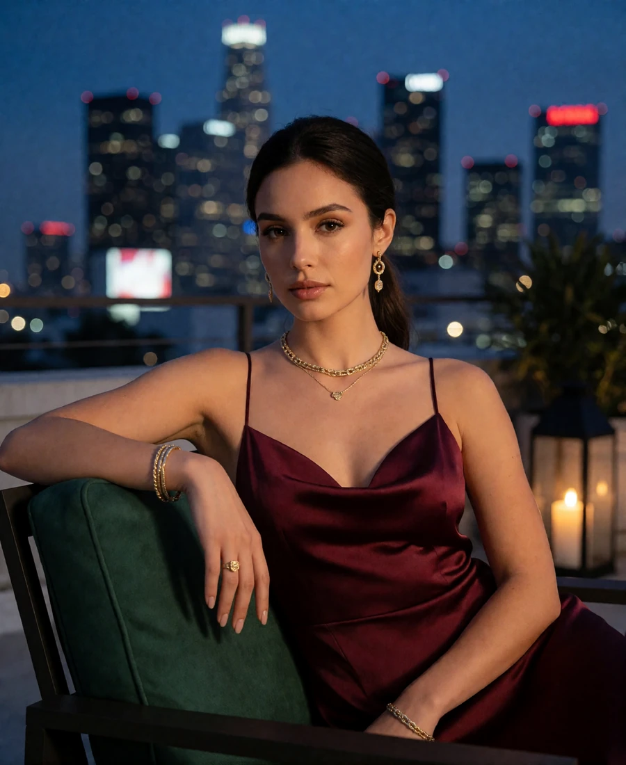 Woman in a burgundy satin dress seated on a Downtown Los Angeles rooftop lounge chair at blue hour