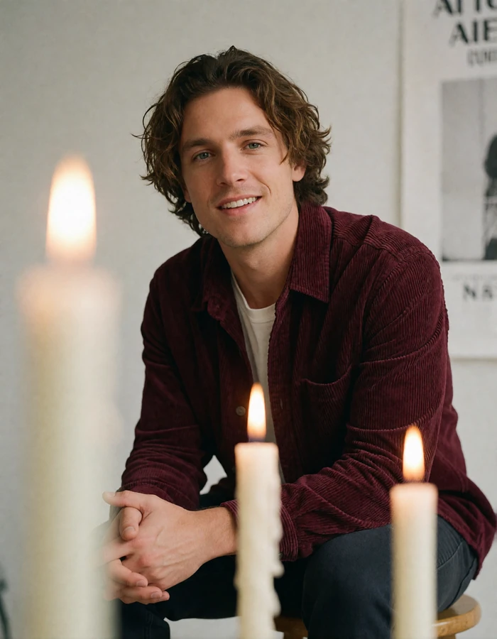 Man with medium-length wavy hair in a burgundy corduroy shirt in a bright studio space, an illustrative member profile