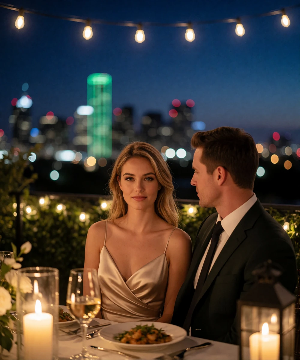 Elegantly dressed couple sharing an outdoor terrace dinner at dusk with the Dallas skyline glowing behind them