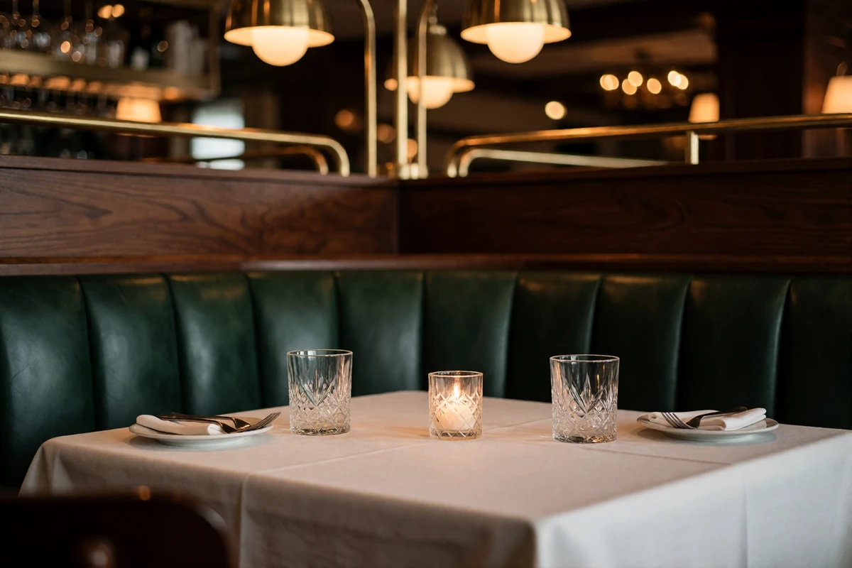 Private corner booth with white linen, crystal glasses and candlelight in an upscale Tampa steakhouse