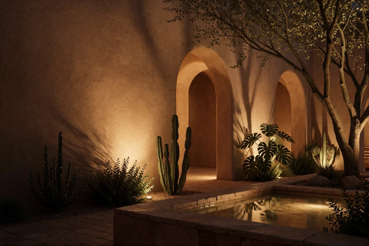 Upscale Scottsdale courtyard at night with warm stucco arcades and a softly lit stone water feature