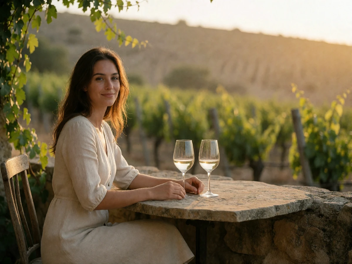 Woman in an ivory linen dress seated at a terrace table beside two wine glasses with vineyard rows in the background