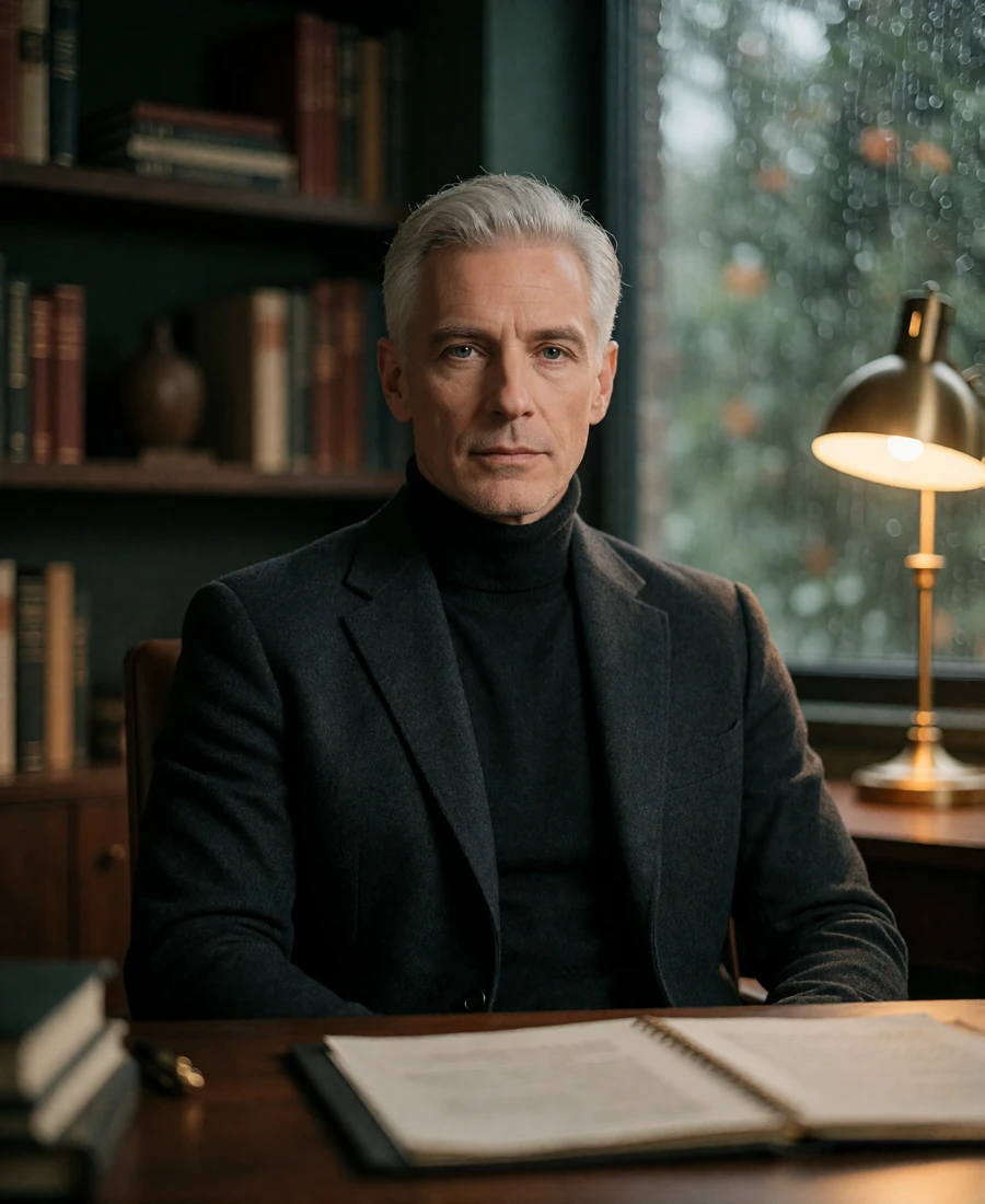 Distinguished silver-haired man in a charcoal roll-neck seated in a warmly lit dark-wood study