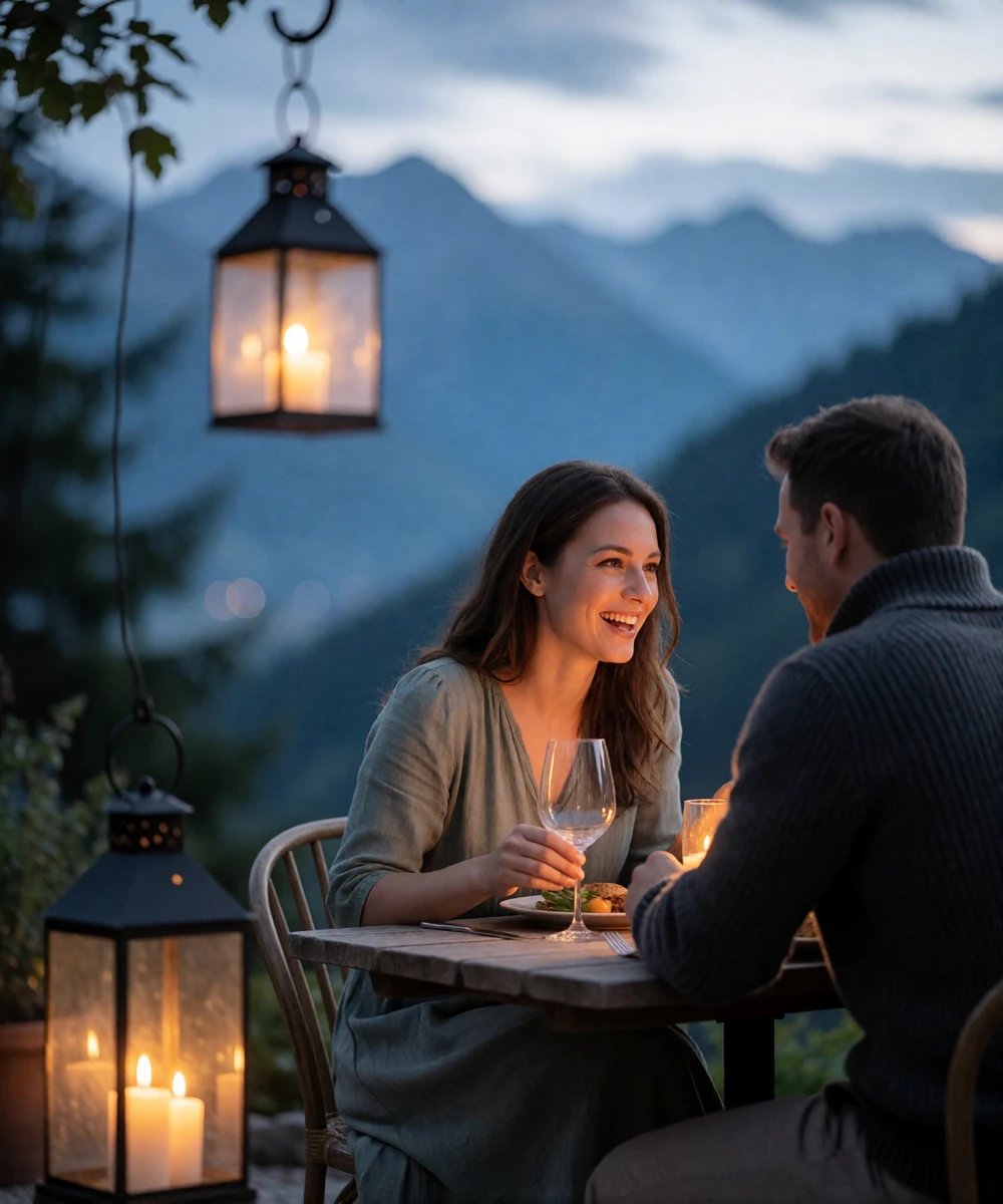 Couple sharing a warm laugh at a lantern-lit terrace dinner with the mountains behind them near Denver