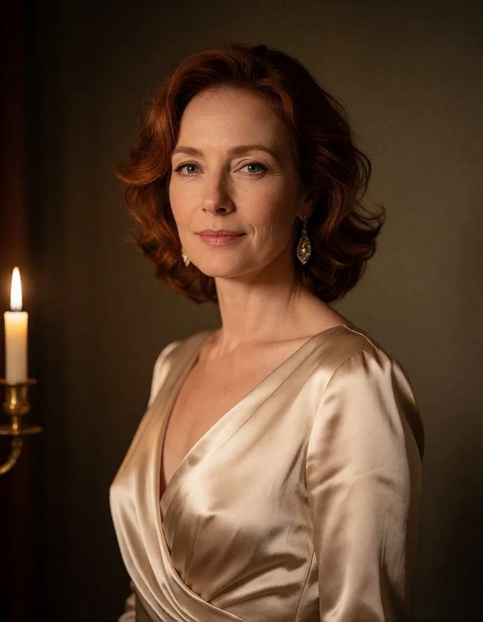 Elegant woman in a champagne satin evening gown with drop earrings, an illustrative member profile