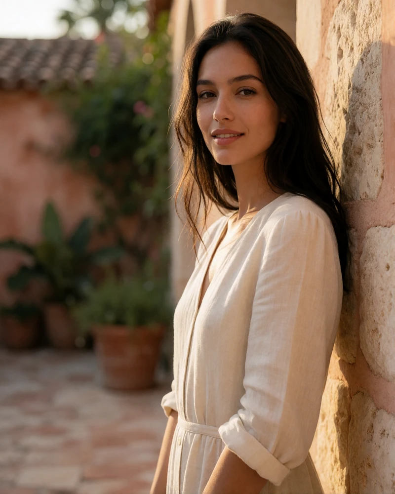 Elegant woman in a cream linen dress standing beside a warm limestone courtyard wall in San Antonio at golden hour